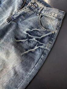 男士深蓝色做旧水洗宽松牛仔裤，复古超大款阔腿牛仔裤，质感粗犷，街头风 - 藍色 - 查看 3