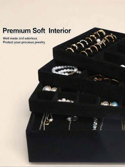 1pc Large Jewelry Tray, Stackable Jewelry Organizer Tray, Jewelry Storage Box, Jewelry Tray Drawer Insert, Jewelry Tray, Soft Stackable Velvet Jewelry Tray, Drawer Embedded Neat Earring Storage, Women Jewelry Display Storage Box For Rings, Earrings, Necklaces, Bracelets, Ideal Gift For Various Occasions (Black), Jewelry Tray Storage