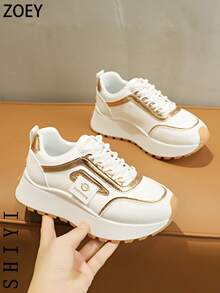 Spring, Summer, Autumn, Winter 2025 New Thick Soled Chunky Sneakers, Women's Breathable Mesh White Shoes, Versatile Casual Sports Shoes - Gold - View 5