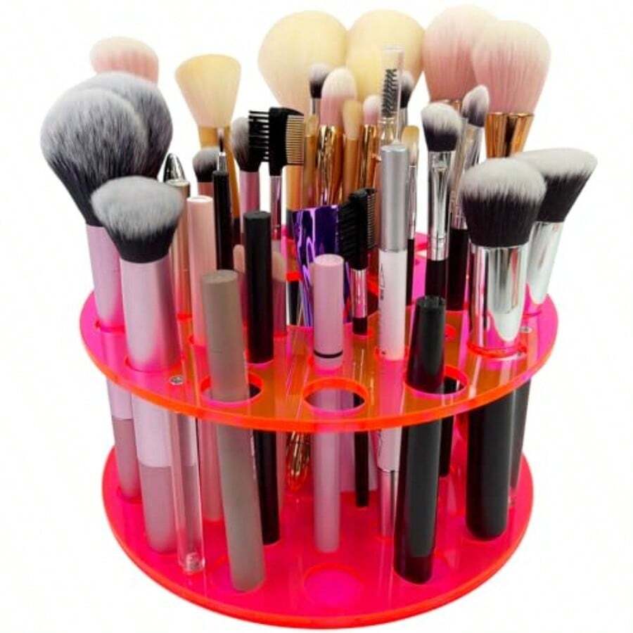 MX  Makeup Brush Holder Organizer For Vanity Acrylic Make Up Brush Drying Rack Storage For Travel Cosmetic Brushes Display Stand With 42 Slots Neon Pink - Neon Pink - View 1