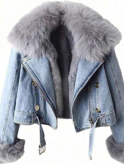 Women Denim Jacket With Fur Warm Fur Collar Rabbit Fur Lined Denim Jacket Thicken Shaggy Winter Removable Cropped Top