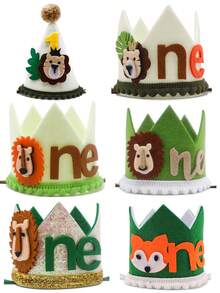 Cartoon Fox Crown Birthday Costume Headpiece, Handmade Felt Ball Party Hat With Jungle Lion Pattern For Holiday Events, Anime Lion Design Birthday Crown Party Hat