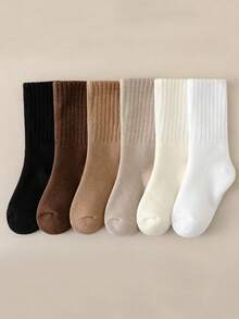 6 双儿童/中性棕色纯色柔软舒适长筒运动袜，秋冬 - 彩色 - 查看 8