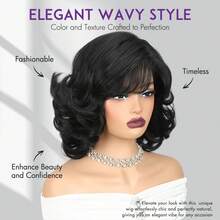 Women's Short Shoulder Length Wavy Bangs Synthetic Wig, Linen Texture Side Part Natural Black Color, Heat Resistant, Glueless & Seamless For Daily Wear Or Events - màu đen - Xem 3