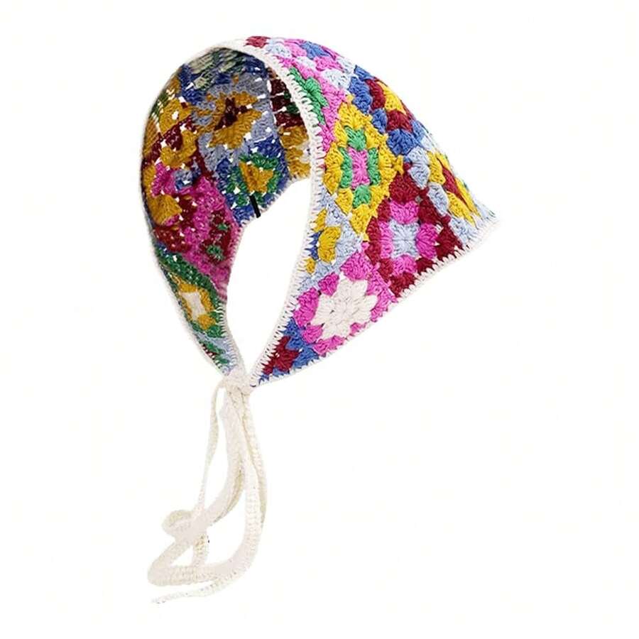 Crochet Bandana Head Kerchief Knitted Hair Scarf Boho Vintage Headbands Triangle Hair Tie Handmade Floral Hair Headwrap - 風格6 - 查看 1