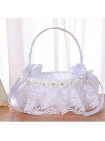 1 pieza Cesta de pétalos blancos, Cesta de flores con lazo de satén, Adecuada para bodas