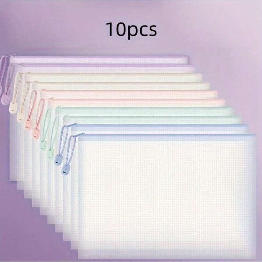 10 Assorted Color Durable PVC Mesh Zipper Bags - Waterproof And Tear-Resistant Storage Bags, Suitable For Art Supplies, Office Documents, And Travel Essentials, Self-Sealing Bags ...