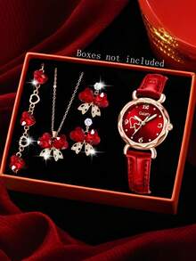 Gaiety 5Pcs Women's Ladies Female PU Leather Strap Quartz Wrist Watch Butterfly Bracelet Necklace Earring Jewelry Set Elegant Fashion Light Luxury Rhinestone Heart Dial Used For Daily Wear Party Decoration Or Holiday Gifts For Girlfriends And Mothers