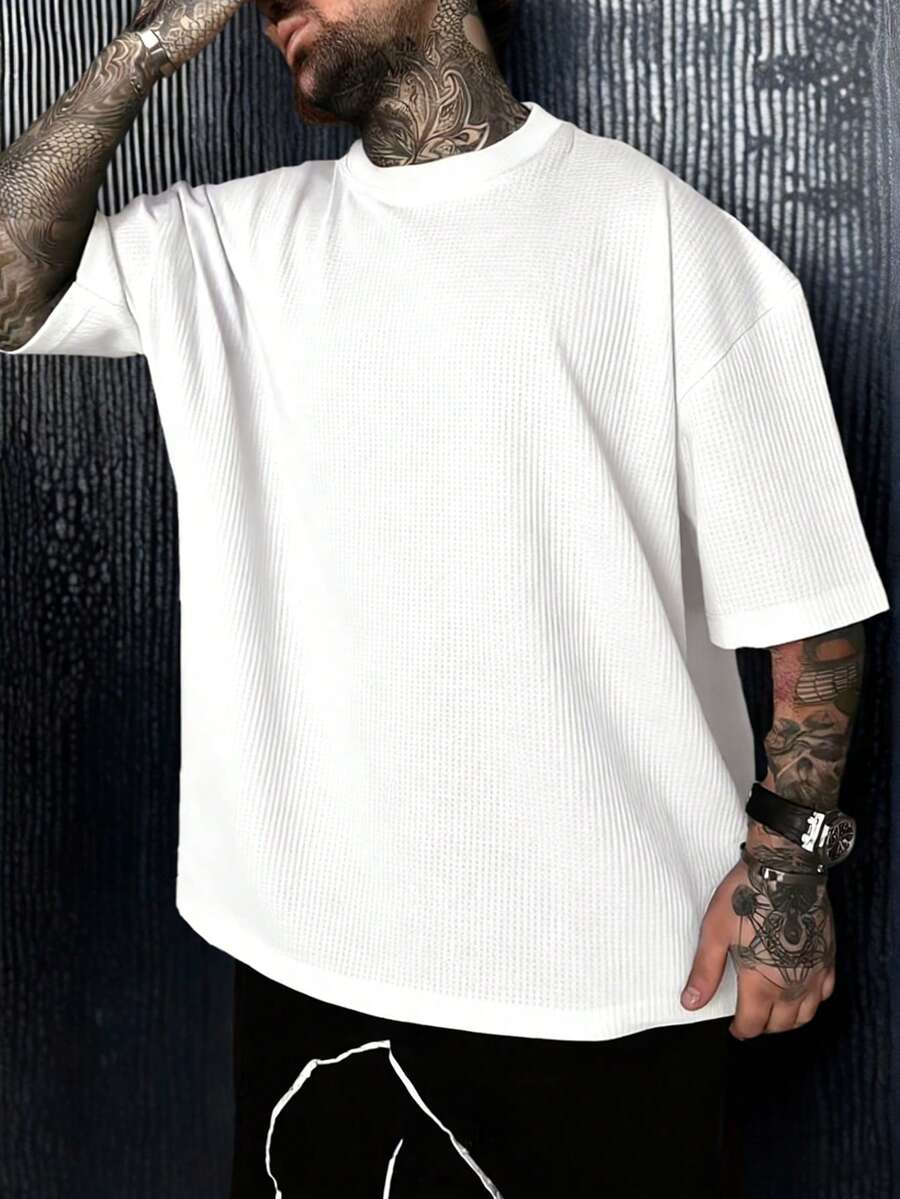 Krometka Men's Casual Versatile Solid Color Waffle Fabric Short Sleeve T-Shirt, Spring/Summer - White - View 1