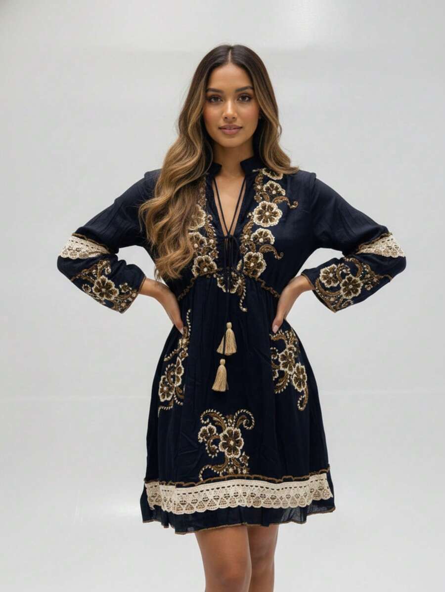 KIARA BRAZIL Short Boho Chic Embroidered Dress With Long Sleeves And Tie Detail - Women's Fashion - PLK-9034 - 黑色 - 查看 1