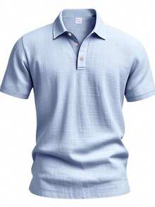 男士浅蓝色短袖亚麻polo衫，透气舒适，适合海滩和夏季休闲穿着。 - 淺藍色 - 查看 3