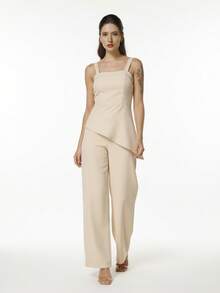 WUUW FASHION Women's Tailored Asymmetrical Top Set, Irregular Crop Top And Trousers, Stylish Summer Casual Outfit 2025 NEW - Màu be - Xem 1