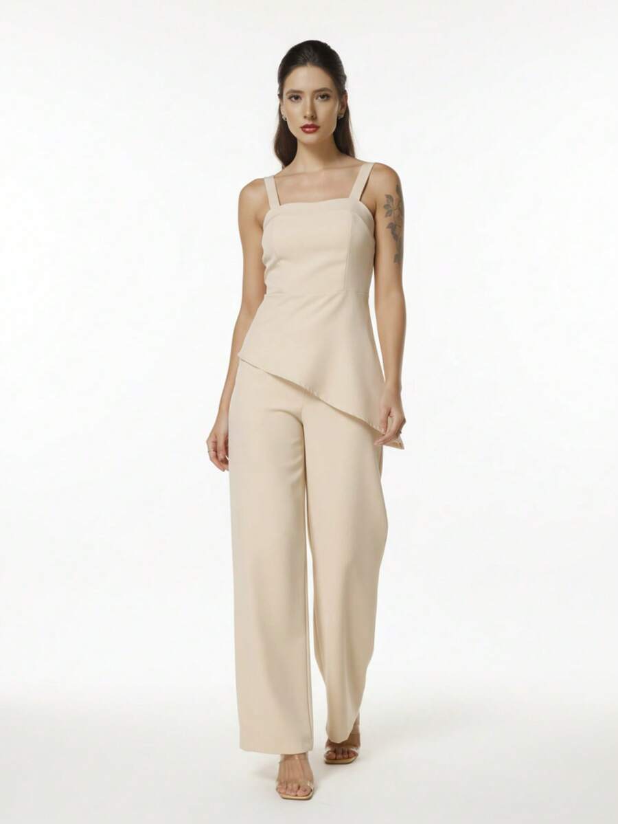 WUUW FASHION Women's Tailored Asymmetrical Top Set, Irregular Crop Top And Trousers, Stylish Summer Casual Outfit 2025 NEW - Màu be - Xem 1