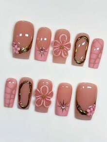 10 móng tay giả hình vuông màu hồng, độ dài trung bình, mạ vàng Y2K, chạm khắc 3D, kiểu dáng sang trọng và tối giản, phù hợp để sử dụng hàng ngày, móng giả dán thủ công. - Hồng - Xem 2