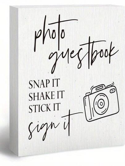 5x5-Inch Faux Wood Guestbook Box Sign - "Shoot, Shake, Stick" Design,  Wood Wedding Reception Decoration, Party And Event Tabletop Photo Display (1)
