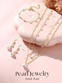 Milacolato Gold Jewelry Set For Women - 16K Gold Plated Pearl Necklace And Earring Set With Drop Earrings,Charm Layered Necklace,Adjustable Bracelets - Dainty Women's Pearl Jewelry Sets For Wedding Gifts - 金色 - 查看 7