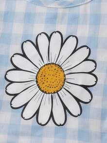 1 Set Baby Girls' Fresh & Cute Blue & White Plaid Daisy Print Ruffle Sleeve Top & Lightweight Denim Skirt 2-Piece Outfit, Energetic Sweet Style For Daily Wear, Summer - Blue - View 4