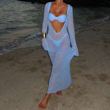 Women 2-Piece Bikini Swimsuits Solid Colors Ruched Bra And Elastic Thong Sets For Summer Beachwear Bathing Suit - 淺藍色 - 查看 2