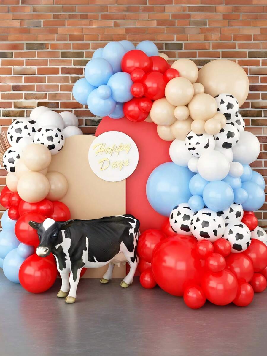 Bộ 115 bóng bay trang trí chủ đề nông trại, bao gồm bóng bay cao su họa tiết bò màu xanh và đỏ, thích hợp cho tiệc sinh nhật, cuộc thi cao bồi, tiệc cao bồi miền Tây, trang trí tiệc mừng em bé, trang trí chuồng trại và động vật.
