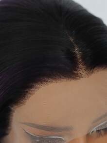 200% Density 24" 13X4 HD Lace Front Wig - Hand-Tied Black Silky Straight With Purple Highlights, Glueless Heat Resistant Synthetic - Purple Highlight - View 3