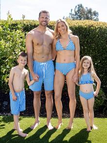 Family Matching Terry Swimwear Blue Stripe Swim Trunks Or Two-Piece Bikini Swimsuit - 藍色 - 查看 1
