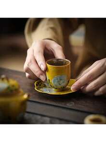 1pc Hand-Painted Camellia Ceramic Tea Cup With Saucer, 50ml Chinese Style Teacup Gongfu Tea Set Household Drinkware - Yellow - View 8