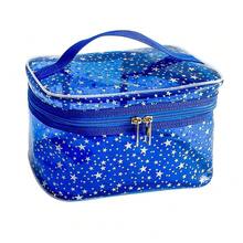 Star Print Blue PVC Makeup Bag With Handle - 8.66 * 5.51 * 5.51 Inch,Clear Storage Bag Toiletry Pocket Portable Zippered Pouch Waterproof Cosmetic Organizer Bags For Women (Blue-L) - 藍色-L - 查看 1