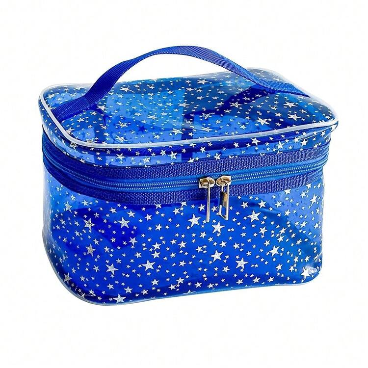 Star Print Blue PVC Makeup Bag With Handle - 8.66 * 5.51 * 5.51 Inch,Clear Storage Bag Toiletry Pocket Portable Zippered Pouch Waterproof Cosmetic Organizer Bags For Women (Blue-L) - 藍色-L - 查看 1