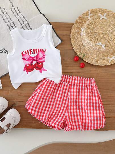 2pcs Girls Summer Sleeveless Top + Shorts Set, Cherry Bow Print, Red & White Plaid Shorts, Sweet Casual, Suitable For Daily Wear