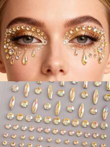 1/2PCS 3D Face Rhinestone Stickers,Golden Tear&Color Pendant Crystal Tear Eye Rhinestone Bright Party Makeup Decoration, Y2K Music Festival Flash Accessories, Jewel Decor For Face, Body, Nail, Hair,Suitable For Women Dating Use,Concert Look,Face Gems - Gold - View 5