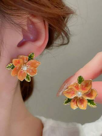 1 Pair Romantic Vintage French Design Camellia Flower Earrings, Fashionable Korean/Japanese Style