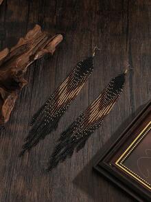 SOUL BEADING Handmade Beaded Tassel Earrings In Boho Style | Black And Gold Geometric Pattern | Vintage Jewelry Suitable For Formal Events And Daily Wear - Black - View 2
