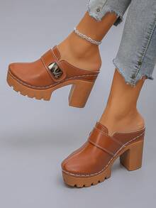 Women's Spring/Autumn New Mule High Heel Shoes, Fashionable Elegant Brown Closed Toe Thick Heel Slip-On Shoes, Suitable For Daily, Commute, Office, Date, Party, Evening, Versatile Platform Super High Heel Sandals - Brown - View 1