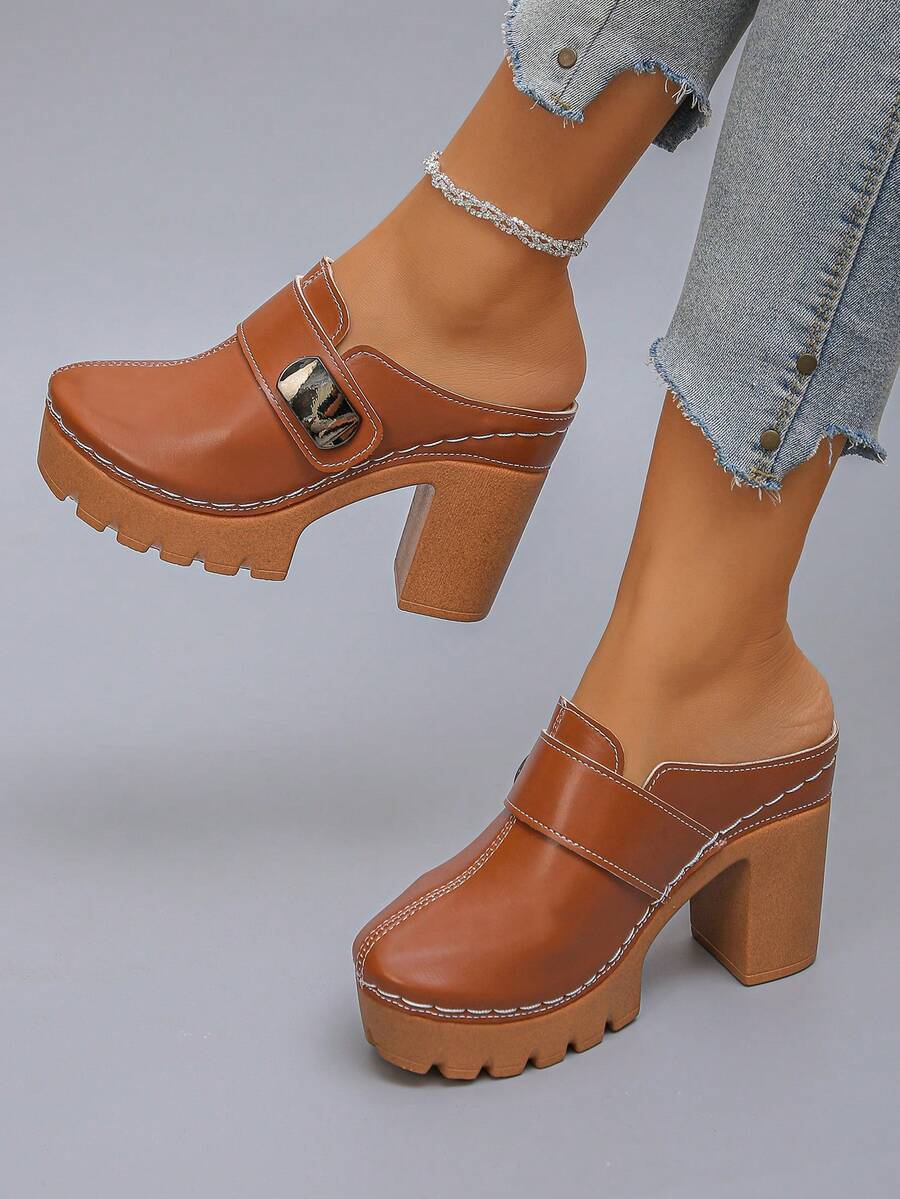 Women's Spring/Autumn New Mule High Heel Shoes, Fashionable Elegant Brown Closed Toe Thick Heel Slip-On Shoes, Suitable For Daily, Commute, Office, Date, Party, Evening, Versatile Platform Super High Heel Sandals - Brown - View 1
