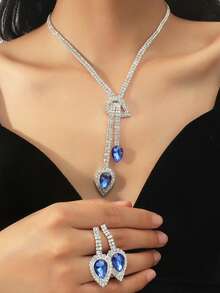 Bộ trang sức dự tiệc thanh lịch 3 món dành cho nữ: Túi xách cầm tay đính đá, túi đeo vai, bông tai và vòng cổ. - Màu xanh lam - Xem 5