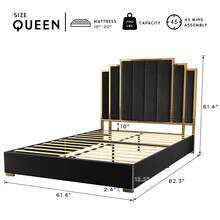 Queen/King/California King Size Modern Upholstered Bed Frame In Velvet With 65.4" Tall Gold Trim Headboard, Elegant Platform Bed, No Box Spring Needed - 黑色 - 查看 3