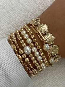 7pcs/6pcs Vintage Elegant Boho Jewelry Set, Ocean Style Faux Pearl, Heart, Shell, Fan-Shaped Beaded Bracelets, Personalized Simple High-End Layered Bangle Bracelets, Suitable For Women Summer Beach Party, Dating, Daily Wear - 黃金 - 查看 1