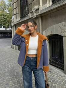 Women's Luxury Blue Suede Jacket Elegant Caramel Teddy Fur Trim Lapel Coat, Thick Warm Winter Outerwear For Carnaval Party Night Out Streetwear Chic Mob Wife Aesthetic Old Money Bontjas Fashion - Blue - View 4