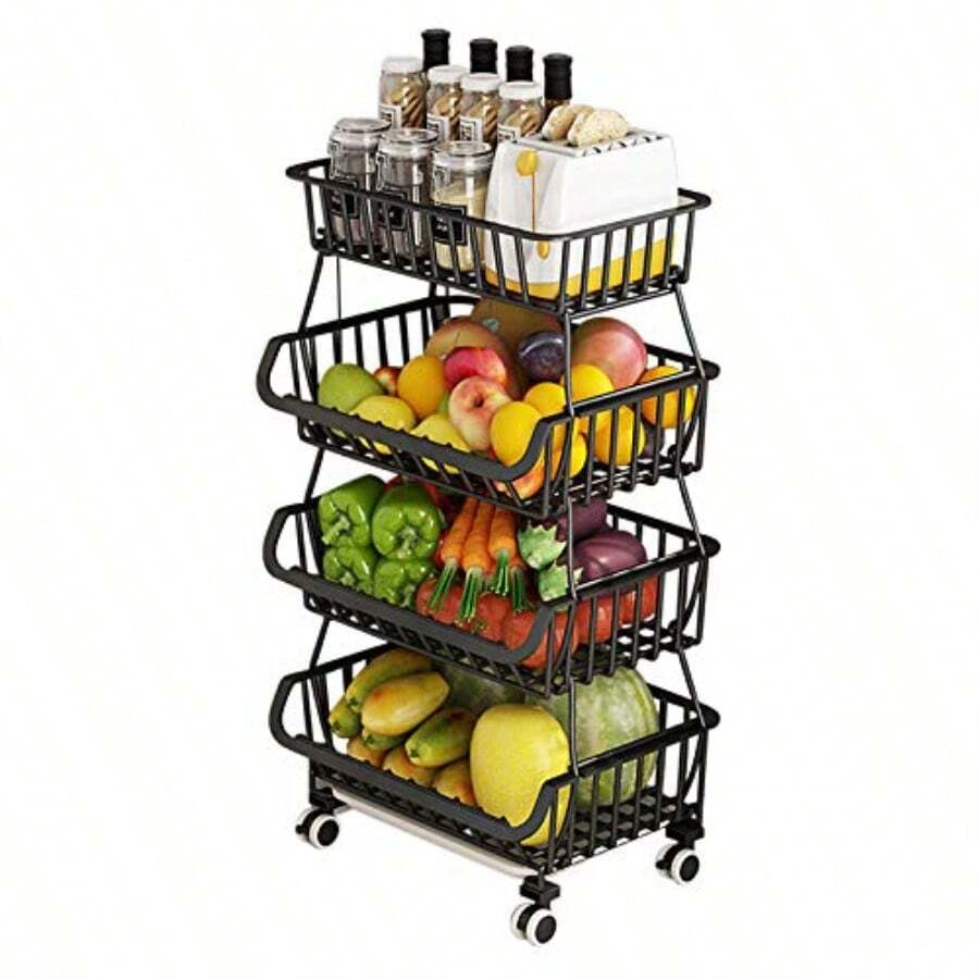 BRIAN And DANY 4 Tier Vegetable Storage Rack Stackable Fruit Vegetable Stand With Lockable Casters And 5 S-Hooks For Kitchen Pantry Bathroom Garage - 4TIER - View 1