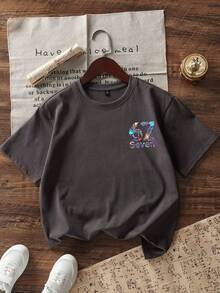 Young Girl Casual Graphic Print Crew Neck Short Sleeve T-Shirt, Summer Top - Dark Grey - View 5