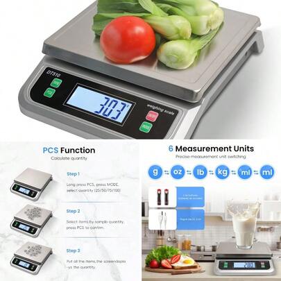 Large Kitchen Scale 40kg Food Scales Kitchen With Tare And Pcs Funtion 88lbs Stainless Stee Tray Baking Scale For Cooking With Adapter, 6 Units(Silver, 40kg)