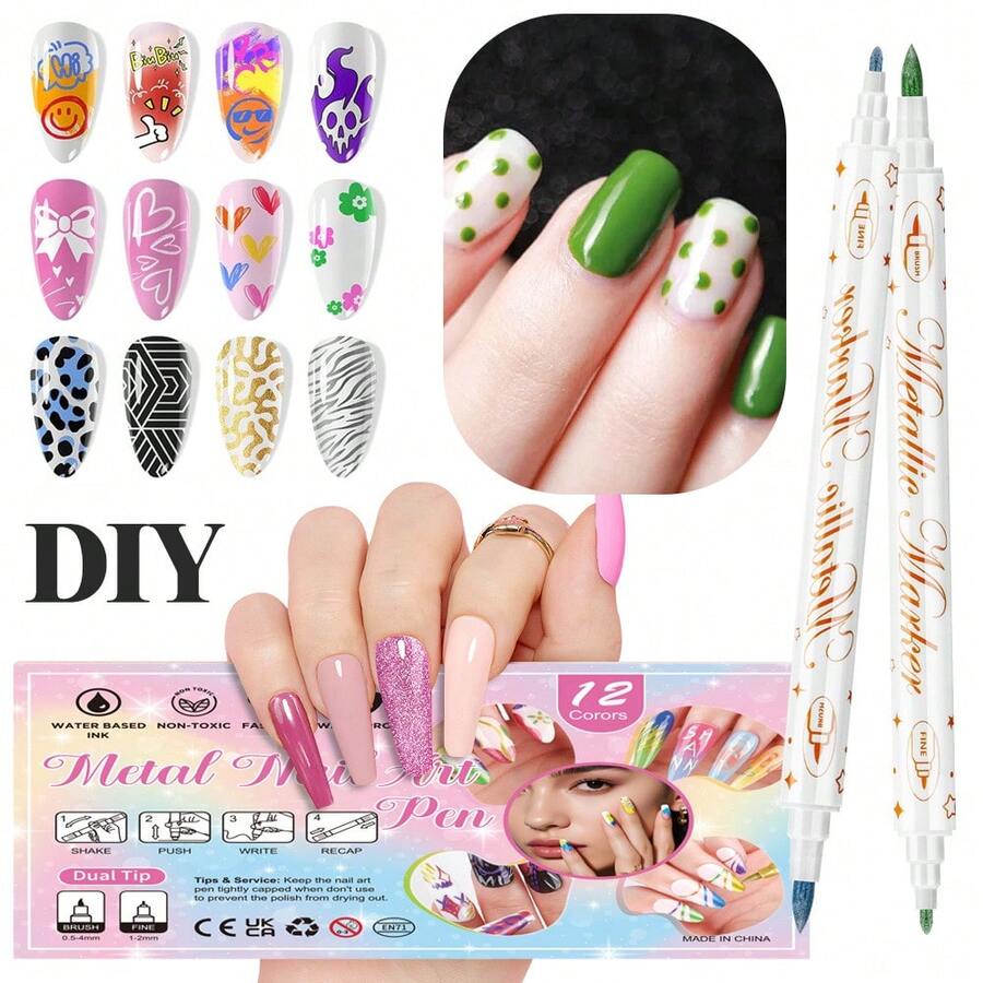 12-Color Rainbow Nail Art Pen Set, Includes Nail Art Painting Pens, DIY Nail Highlighter & Outline Pens, Nail Marker Pens, ABS Nail Marker Pen Set, Temporary Tattoo Double-Headed Marker Pens