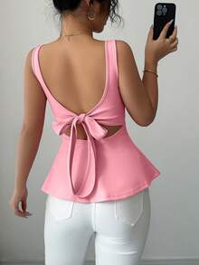 优雅露背蝴蝶结领荷叶边下摆无袖上衣，适合通勤、休闲、生日派对、毕业派对、下午茶、旅行等场合，日系新款春夏女装 - 淺粉色 - 查看 3