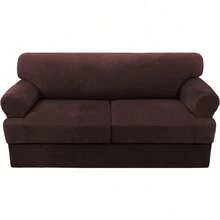 Trugenix-Sofa Cover 2 Piece T Cushion Armchair Slipcovers Velvet Couch Cover Furniture Protector Stretch T Cushion Sofa Covers For 1 Cushion Couch With 1 Individual T Cushion Covers, Deep Teal-GP - 棕色 - 查看 9