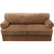 Trugenix-Sofa Cover 2 Piece T Cushion Armchair Slipcovers Velvet Couch Cover Furniture Protector Stretch T Cushion Sofa Covers For 1 Cushion Couch With 1 Individual T Cushion Covers, Deep Teal-GP - 駝色 - 查看 9