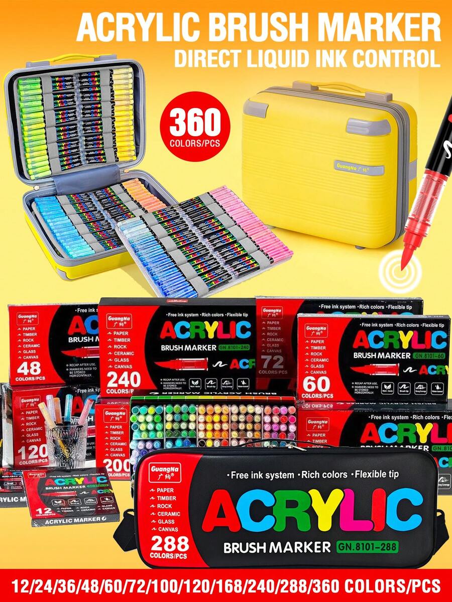 GuangNa Direkt-Flüssigtusche Acrylfarb-Marker, 360/288/240/168/120/100/72/60/48/36/24/12 Farben, leuchtende Acrylfarb-Marker, geschmeidiger Tintenfluss, umfassende Farbklassifizierung, stapelbare Farben, starke Deckkraft, Filzstift Schreibwaren Set, geeignet für Leinwand, Felsmalerei, Holz, Stein, Glas, Keramik, Textilmalerei, DIY Basteln, Schulsachen, praktische Tasche für Aufbewahrung und Mobilität - Sätze - Übersicht 1