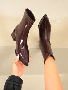 女士法式百搭踝靴，新款秋冬粗跟拉链时尚踝靴，尺码偏大，建议选购小一码。 - 酒紅色 - 查看 3