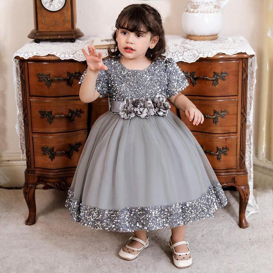 Pink Kids Clothes 2116 Big Bow 3D Flower Girls Frock Tulle Sequins Ball Gown Pageant Children Elegant Princess Prom Host Formal Evening Party Cocktail Dress 0-4Y - 灰色 - 查看 1