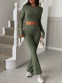 Vaiaye Damen 2-teiliges Set, Y2K Lässig Loungewear, Outdoor Sport, Yoga, Formwäsche, einfarbiger gestrickter Rundhals-Langarmoberteil und figurformende enge Hose. Geeignet für Valentinstag, Karnevals-Party-Outfits - Grün - Übersicht 6