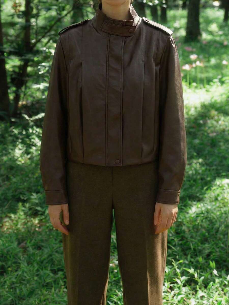 OUTTA BOX Áo khoác dáng ôm cổ đứng tối giản bằng da giả, áo khoác da giả màu trơn thời trang với cầu vai, trang phục ngoài trời thanh lịch cho mùa xuân. - Nâu sẫm - Xem 1